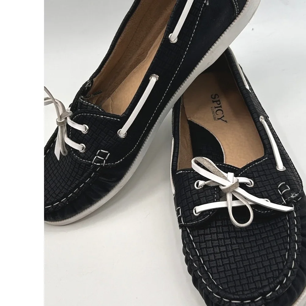 Spicy Comfort Womens Black Woven‎ Boat Shoes Lace Up Moccasin Flats Loafers 11